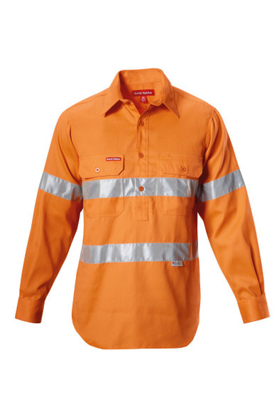 Hard Yakka Foundations Hi-Visibility Closed Front Cotton Drill Long Sleeve Shirt With Tape