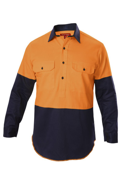 Hard Yakka Foundations Hi-Visibility Two Tone Closed Front Long Sleeve Cotton Drill Shirt With Gusset