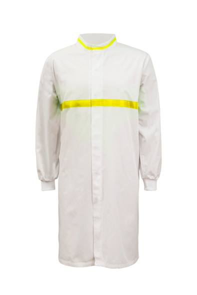 WJ3197 Food Industry Long Length Dustcoat With Mandarin Collar, Contrast Trims On Collar And Chest, Long Sleeve  With Cuff