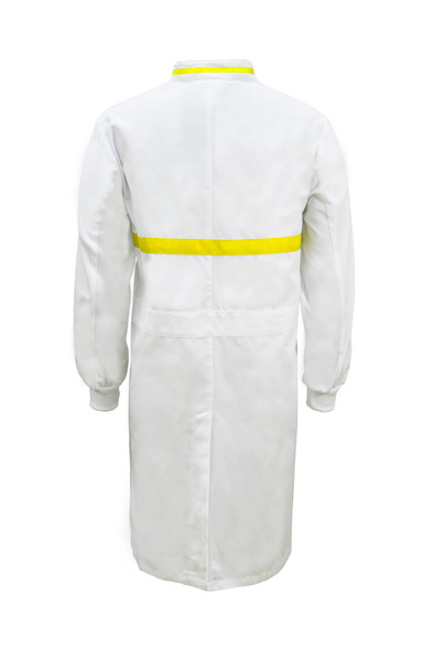 WJ3197 Food Industry Long Length Dustcoat With Mandarin Collar, Contrast Trims On Collar And Chest, Long Sleeve  With Cuff