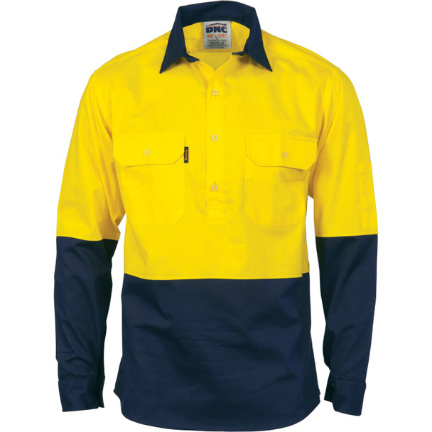 DNC HiVis Two Tone Close Front Cotton Drill Shirt - long sleeve Guss et Sleeve 3834