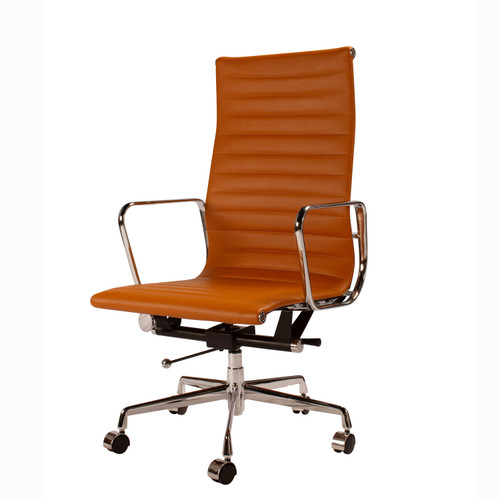 Mid-Century Modern Office Chair, High Back in Basketball Brown Leather