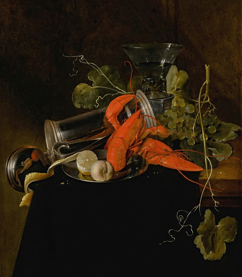 Still life with two lobsters, an overturned tankard, a berkemeier glass, grapes, and a lemon by Jan Davidsz de Heem Art Print Download