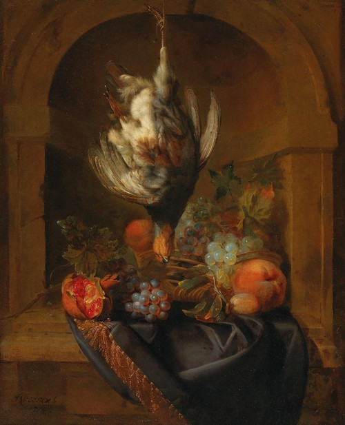 A partridge and fruit in a partially draped niche by Jan Weenix Art Print Download