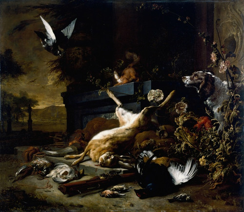 Still Life of Game including a Hare, Black Grouse and Partridge, a Spaniel looking on with a Pigeon in Flight (circa 1680) by Jan Weenix Art Print Download