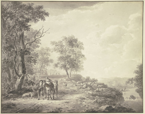 An einem Abhang ein schlafender Schfer mit seiner Herde, weiter links eine Buerin zu Pferde umgeben von drei mit ihr zu Markte ziehenden Bauern by Abraham Teerlink Art Print Download