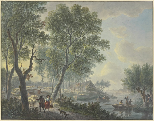 Links begegnet ein Schafhirte einem Milchmdchen, rechts in einem Kahn drei Fischer, und einer in Uniform hinter einem Weidenbaum by Abraham Teerlink Art Print Download