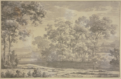 Group of trees near a water, with buildings in the middle ground and a mountain range in the background by Joris van der Haagen Art Print Download