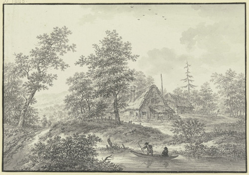 Eichenwald mit zwei Strohhtten, im Vordergrund ein Bach mit zwei Bauern in einem Boot by Karl Franz Kraul Art Print Download