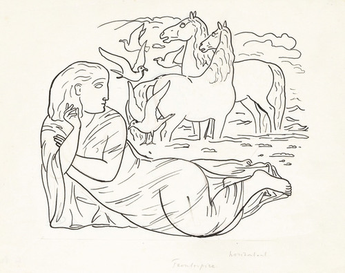 Schetsblad met vrouw liggend aan het strand met twee paarden en enkele zeemeeuwen (1891) by Leo Gestel Art Print Download