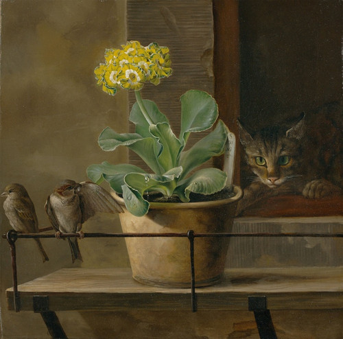 Still life with a primrose in a flowerpot, a cat and two sparrows (1823) by Martinus Rrbye Art Print Download