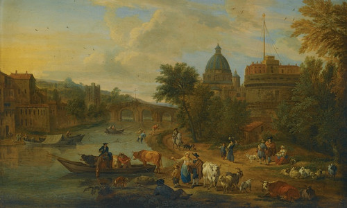 Rome, A Capriccio View Of The Tiber With The Castel Santangelo, Peasants With Their Cattle On The River Banks by Matthijs Schoevaerdts Art Print Download
