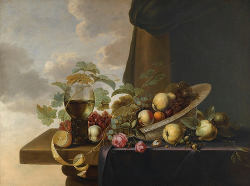 A Still Life With Grapes, Pears, A Peach And Roses In A Waanli Kraak Porcelain Bowl, With A Roemer And A Half-Peeled Lemon On A Partly Covered Table Top (1650) by Michiel Simons Art Print Download