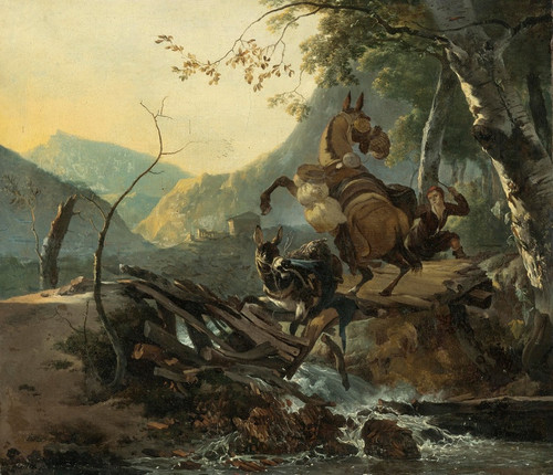 Italianate Landscape With A Donkey And A Rearing Horse Crossing A Collapsing Bridge by Adam Pynacker Art Print Download