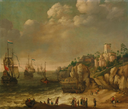 Dutch ships in front of a rocky coast with figures, buildings beyond (1633) by Adam Willaerts Art Print Download