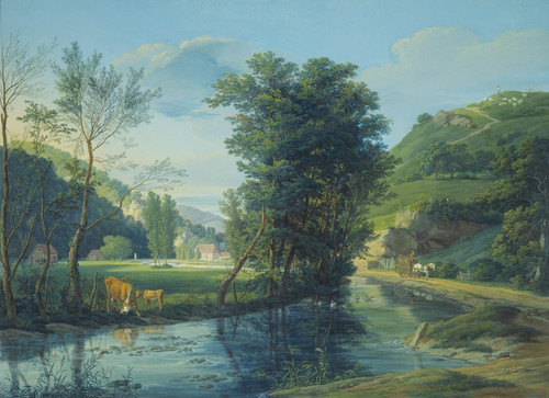 In einem Tal, das ein Bach durchstrmt, mehrere zerstreute Huser, auf dem Wege ein Fuhrwerk mit einem Schimmel, links eine Kuh mit einem Kalb (1809) by Anton Radl Art Print Download