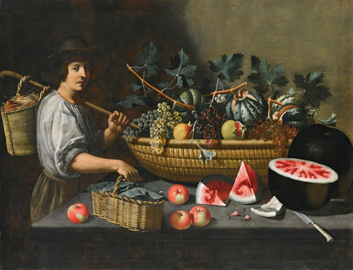 A Still Life Of Grapes, Melons And Pomegranates On A Stone Ledge With A Figure Carrying A Basket On The Left by Pseudo Pietro Paolo Bonzi Art Print Download