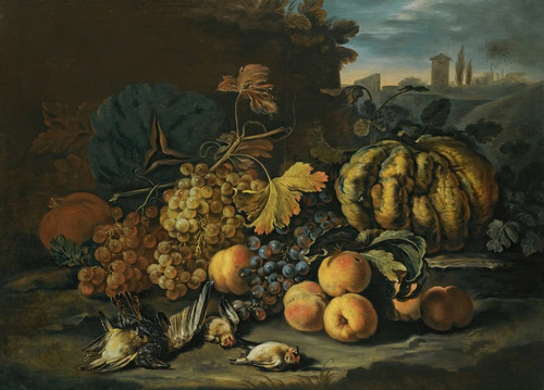 A Still Life With Melons, Apples, Black And Green Grapes, A Pomegranate And Birds On A Forest Floor, A Landscape Beyond With A Town On The Horizon by Roman School Art Print Download