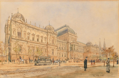 The University of Vienna on the Ringstrasse, with Horse-Drawn Tram and Figures, a view of the building still under construction in 1878 (erected by Heinrich von Ferstel 1873-1884) (1878) by Rudolf von Alt Art Print Download