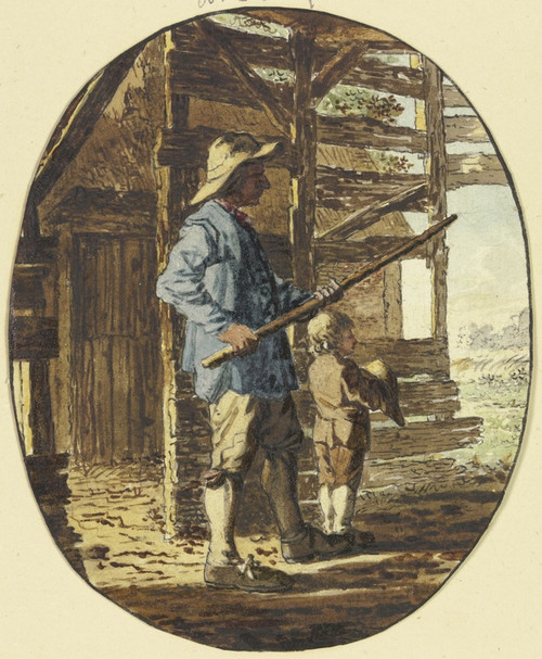 In einem Bretterverschlag steht ein Mann mit einem Stock in abwehrender Haltung, vor ihm ein Knabe, seinen Hut vor den Krper haltend by Steven Gobl Art Print Download