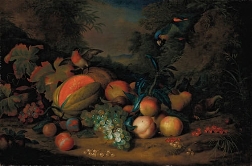 A split melon, peaches, plums, grapes, apples and currants with a parrot and a bullfinch, a mountainous landscape beyond by Tobias Stranover Art Print Download