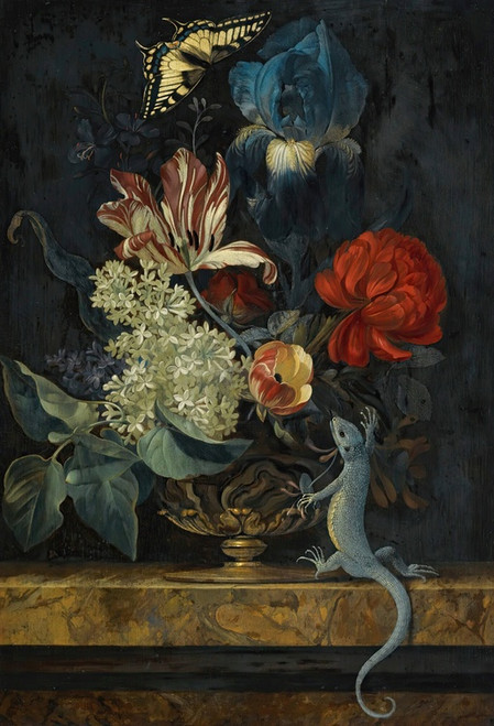 A Still Life With Tulips And Other Flowers In A Vase On A Marble Ledge, With A Lizard And A Butterfly by Willem van Aelst Art Print Download