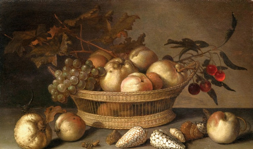 A Basket With Cherries, Apples, Peaches And A Bunch Of Grapes, Surrounded By Apples, Peaches, Shells, Bees And A Dragonfly by Balthasar van der Ast Art Print Download