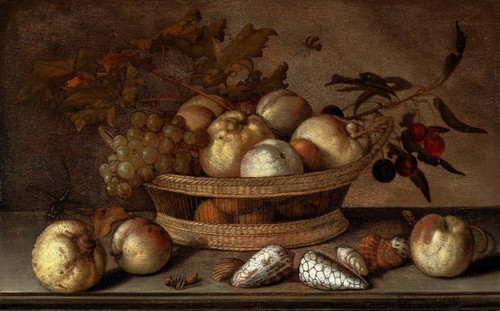 A basket with cherries, apples, peaches and a bunch of grapes, surrounded by apples, peaches, shells, bees and a dragonfly (1647) by Balthasar van der Ast Art Print Download