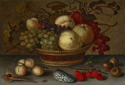 Apples and grapes in a basket, with fruit and shells on a stone ledge by Balthasar van der Ast Art Print Download