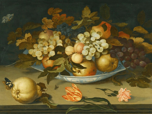 A Still Life With A Delft Bowl Containing Fruit, On A Ledge With Flowers, Insects And A Lizard by Balthasar van der Ast Art Print Download