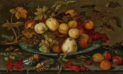Grapes, peaches, apples and plums in a wan-li bowl on a ledge, with shells, a grasshopper and other fruit (1625) by Balthasar van der Ast Art Print Download
