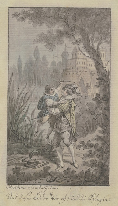 Begrungsszene von zwei Mnnern bei einer Burg by Christian Sambach Art Print Download