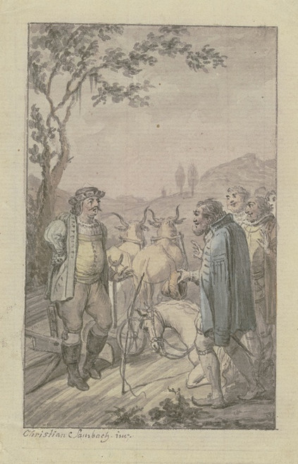Einem pflgenden Mann mit einem Ochsengespann nhert sich eine Gruppe von barhuptigen Mnnern, bei ihnen kniet ein Pferd by Christian Sambach Art Print Download