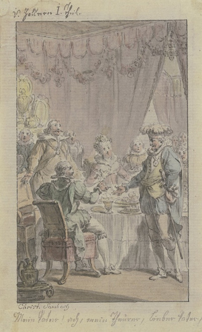 Tafelszene; Ein Ritter tritt an den gedeckten Tisch heran und begrt einen sitzenden Ritter by Christian Sambach Art Print Download
