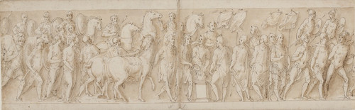 Digital Print - Tilfangetagne kvinder fres bort; livvagternes optog; Marcus Aurelius ofrer ved et alter; Marcus Aurelius betragter et angreb by Giovanni Guerra