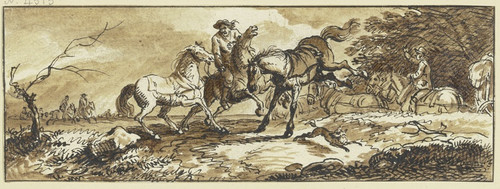 Digital Print - Reiter mit zwei Handpferden, eines schlgt aus, im Hintergrund ein Fuhrwerk und andere Reiter by Ferdinand Kobell