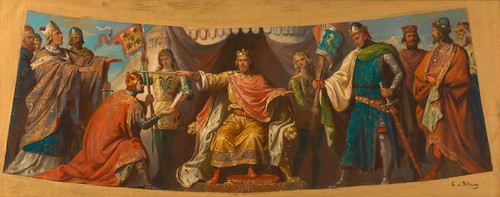 Digital Print - lskizze fr die Fresken in der Ruhmeshalle des Arsenals; Friedrich Barbarossa belehnt Heinrich Jasomirgott und Heinrich den Lwen by Karl von Blaas