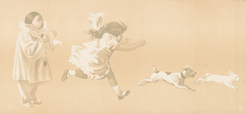 Digital Print - Girl chasing a dog who is chasing a rabbit while a clown looks on by Jean de Paleologue