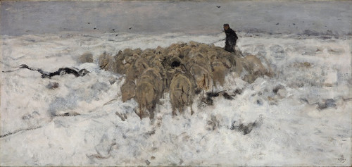 Digital Print - Flock of sheep with shepherd in the snow by Anton Mauve