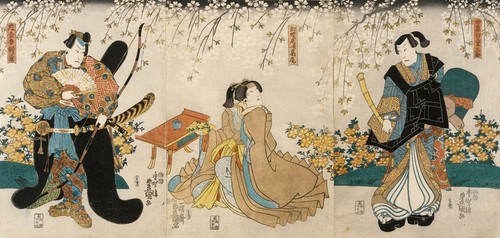Digital Print - Actors in the Roles of Shimada Shigesabur, Kugy ama jitsuwa Takao and Sakingo Yorikane under Cherry Blossoms by Utagawa Kunisada (Toyokuni III)