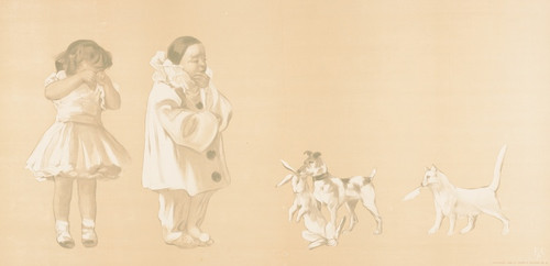 Digital Print - Girl crying, thoughtful clown looking down at the dog with rabbit in mouth by Jean de Paleologue