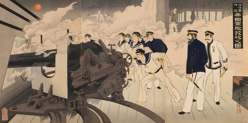 Digital Print - Gun Being Fired from a Warship of the Imperial Navy in the Vicinity of Haiyang Island by Toshikata Mizuno