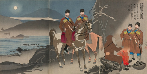 Digital Print - A Scouting Party of the Japanese Army Observing the Movements of Russian Cossack Soldiers across the Daedong River by Kobayashi Kiyochika