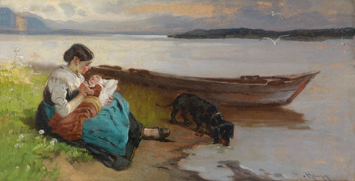 Digital Print - Mutter mit Kind am Ufer des Sees by Karl Raupp