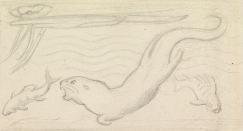 Digital Print - Stained Glass Study, An Otter and Two Fish by Sir John Everett Millais