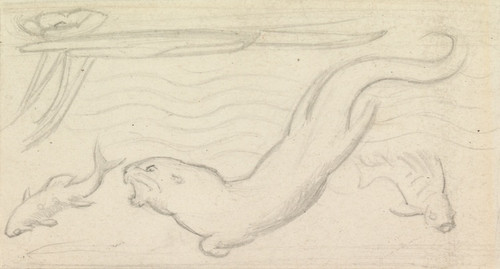 Digital Print - Stained Glass Study, An Otter and Two Fish by Sir John Everett Millais