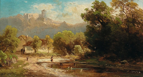 Digital Print - Landscape with Duck Pond and View of a Castle by Anton Hugo Ullik