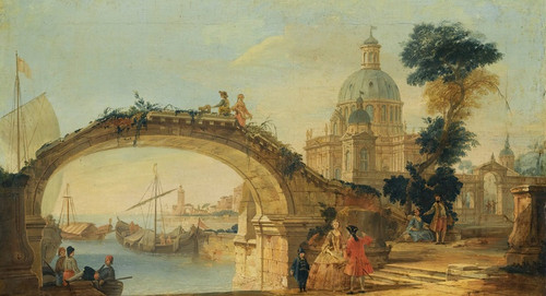 Digital Print - A Capriccio View With A Footbridge Over A River, A Large Cathedral In The Background by The Pseudo Battaglioli