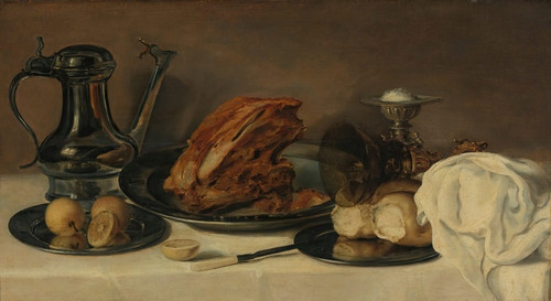 Digital Print - Still Life With A Pewter Jug, A Ham On A Pewter Plate, Lemons, Bread, A Gilt Mounted Roemer And Other Objects On Table Covered In A White Cloth by Franchoys Elaut