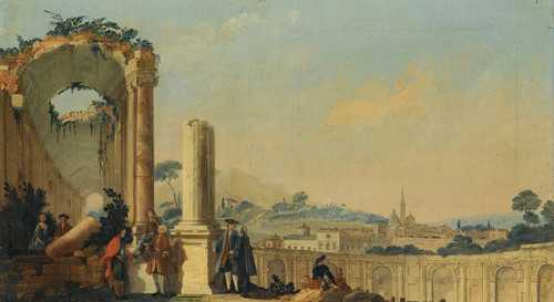 Digital Print - Elegant Figures Conversing Beneath Ruins, A Hill Town With A Tall Spire Beyond by The Pseudo Battaglioli